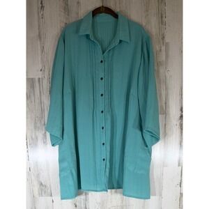Fridaze Button Tunic Shirt 2XL Teal Linen Pintuck Pleats Pockets Coastal Beach